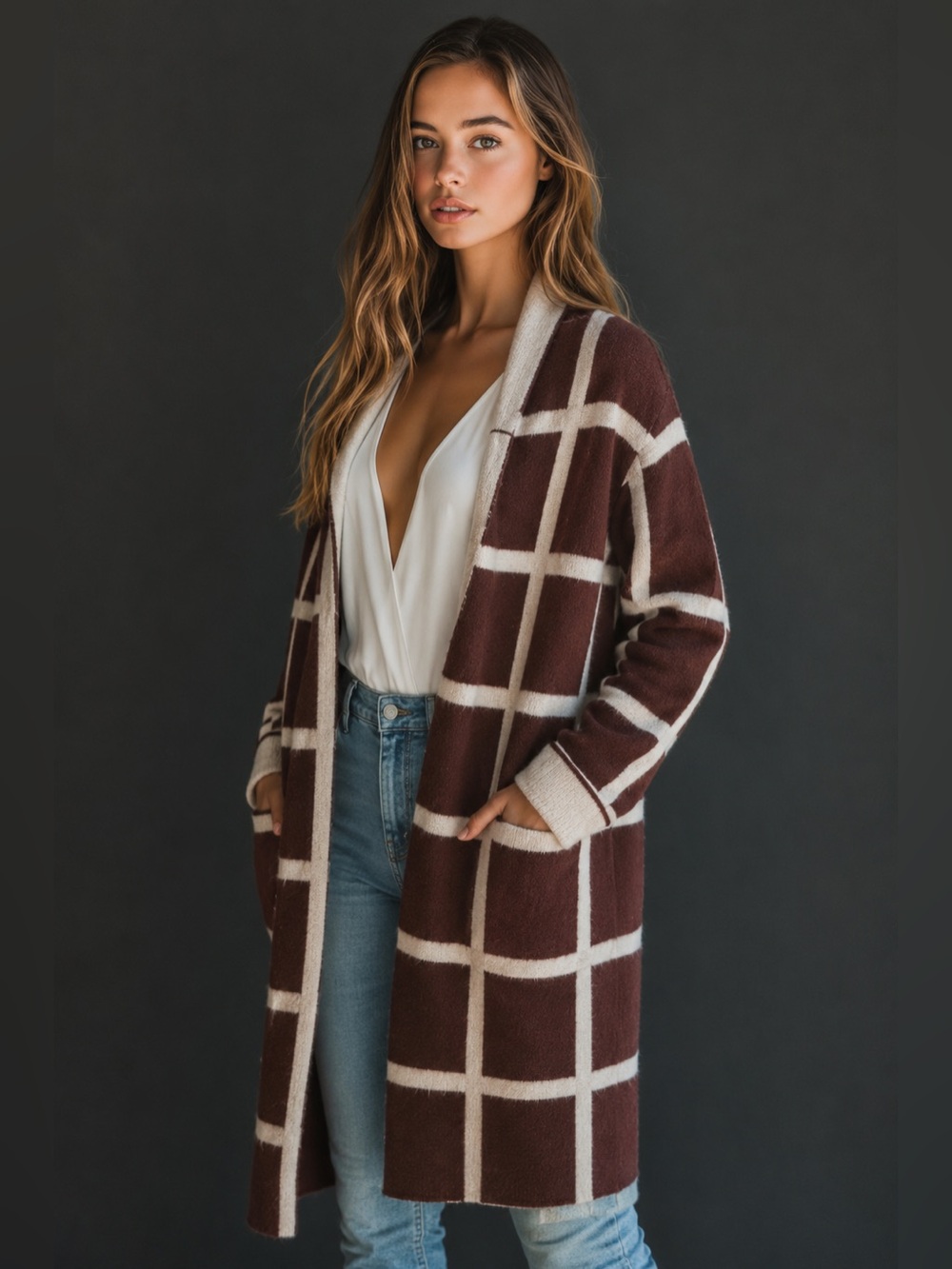 Lost + Wander Grid Plaid Open-Front Long Cardigan in Brown and Cream - SIZE M/L